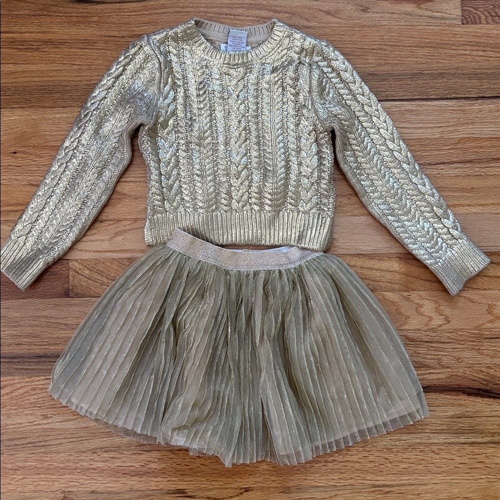 Rachel Zoe Sweater Skirt Set Toddler Girl Sz4 Metallic Gold Holiday Party Shiny